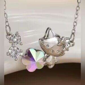 18K White Gold Hello Kitty Kitten Flower Crystal Diamond Accent Pendant Necklace